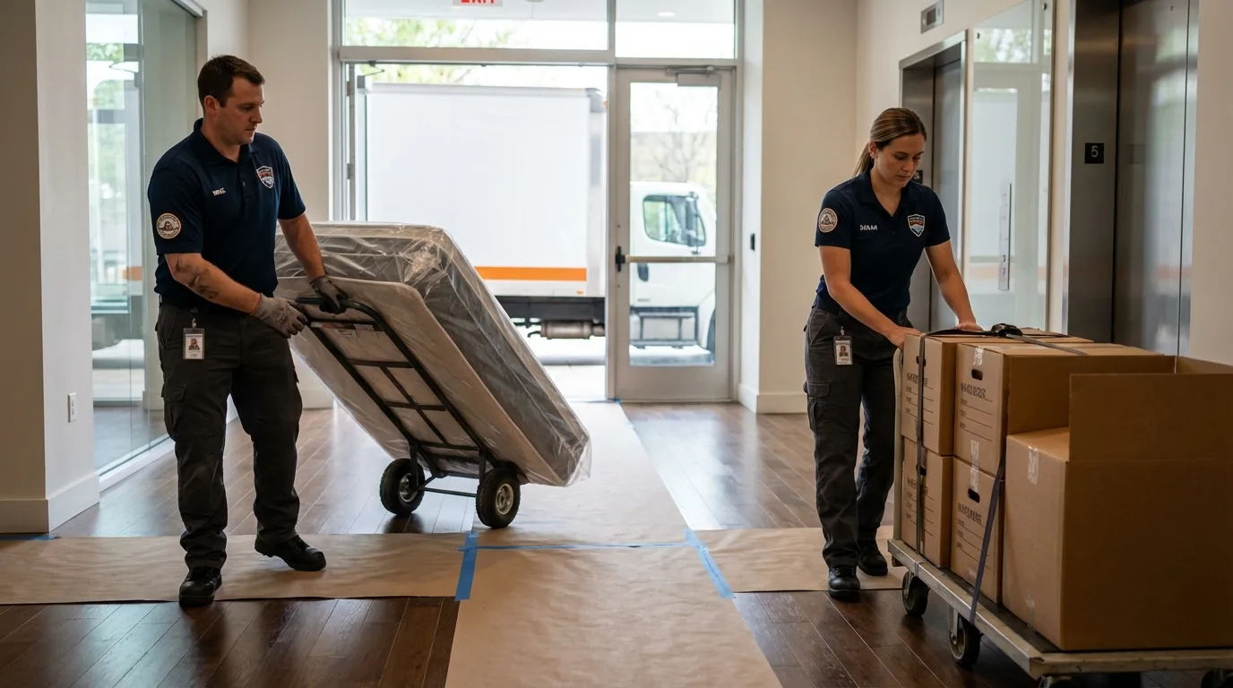 Professional apartment movers loading elevator in Everett, PA